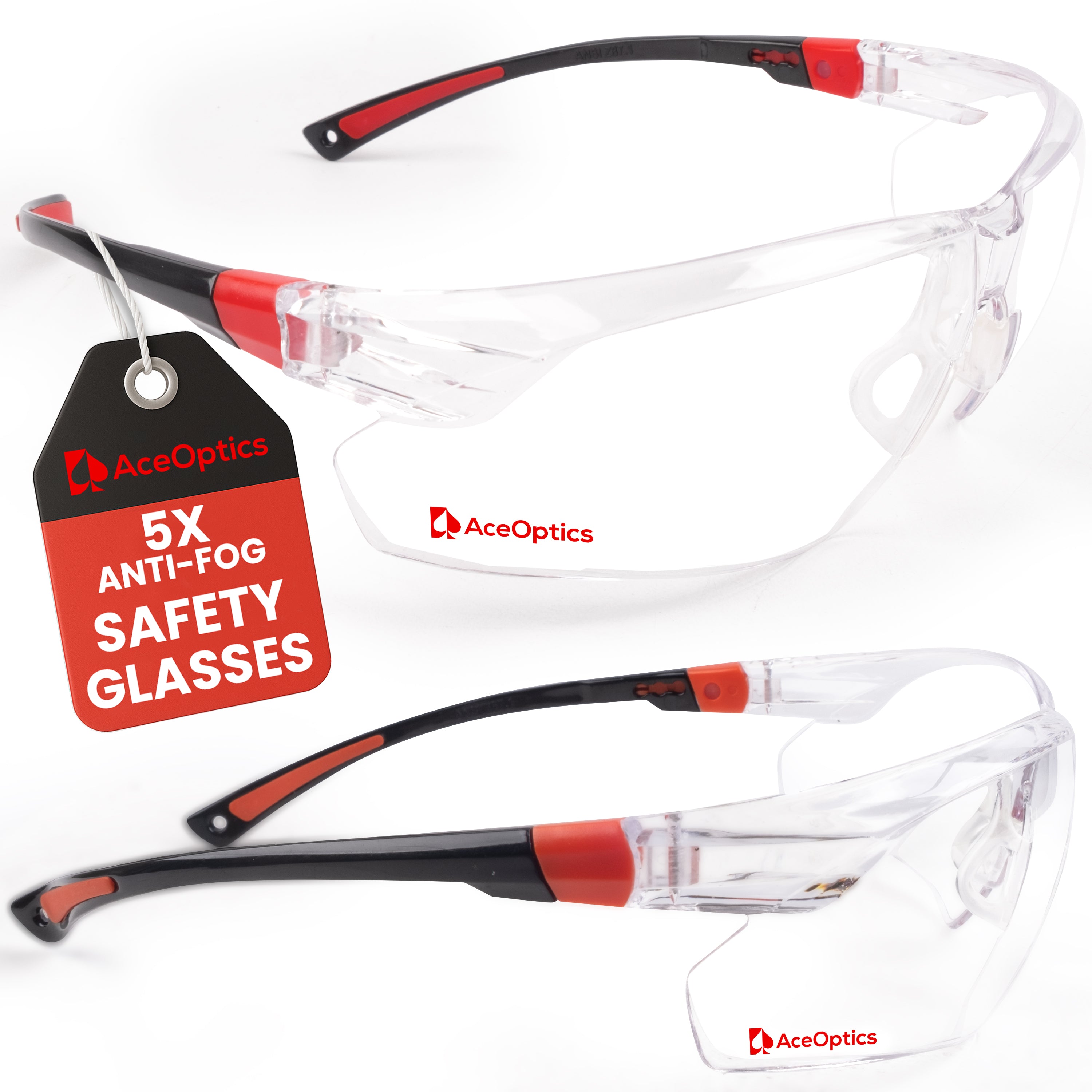 AceOptics Unisex Black Red Anti-Fog Safety Glasses – Lightweight, Stylish, ANSI Z87 Certified