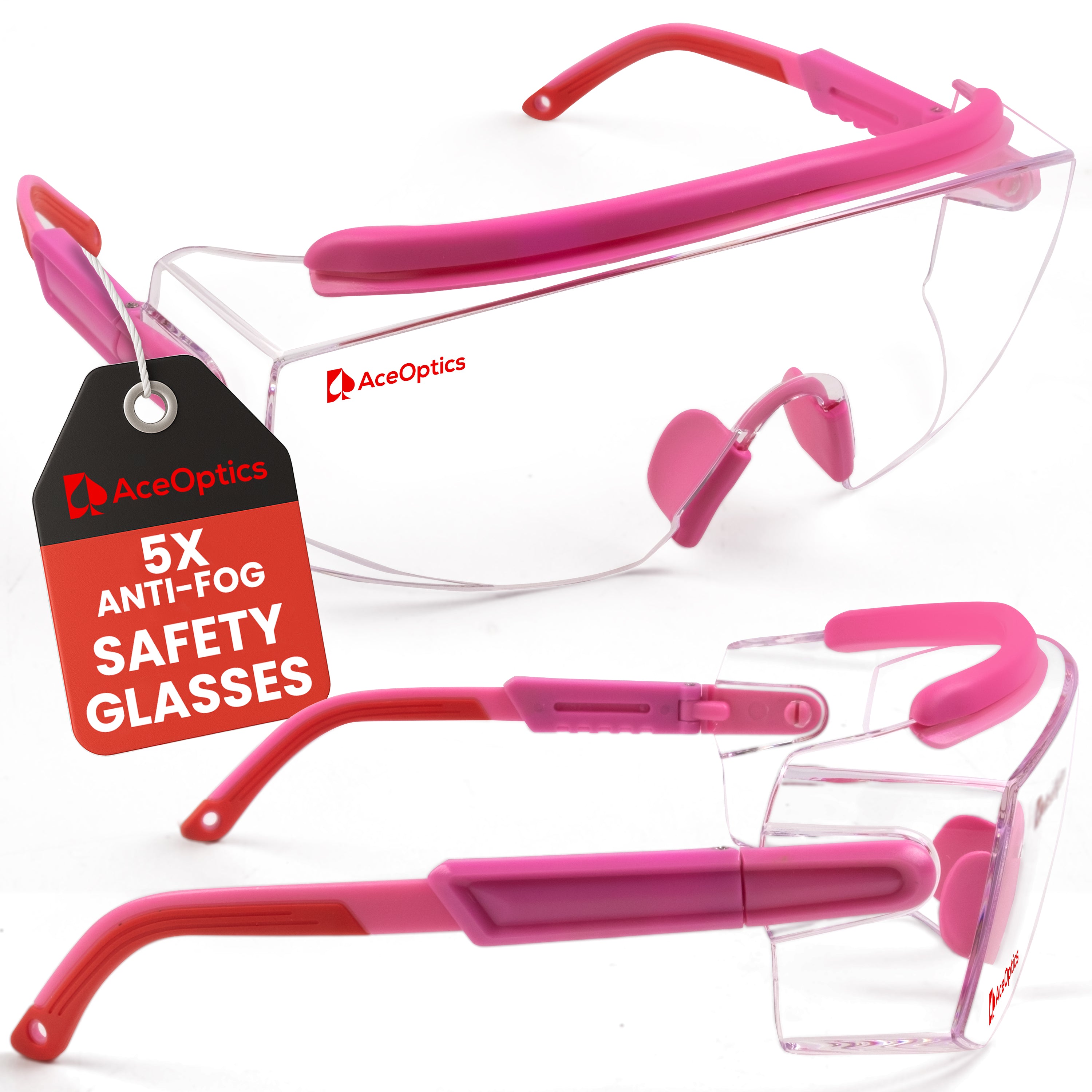 Ace Optics Over-Glasses Pink Safety Glasses Bundle – ClearShield™ Anti-Fog ANSI Z87 Eyewear with Strap, Hard Case, Cloth & Pouch – Fits Over Prescription Glasses