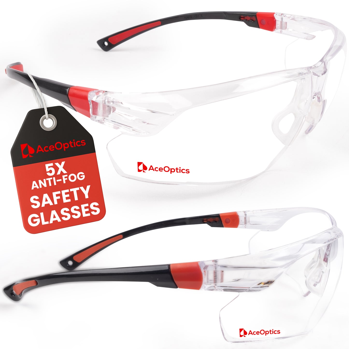 Aceoptics ANSI Z87 Safety Glasses for Men – Black & Red Clear 5X Anti-Fog, Scratch & Impact Resistant Protective Eyewear for Shooting, Gun Range, Work, Pickleball & Sports – Complete Kit