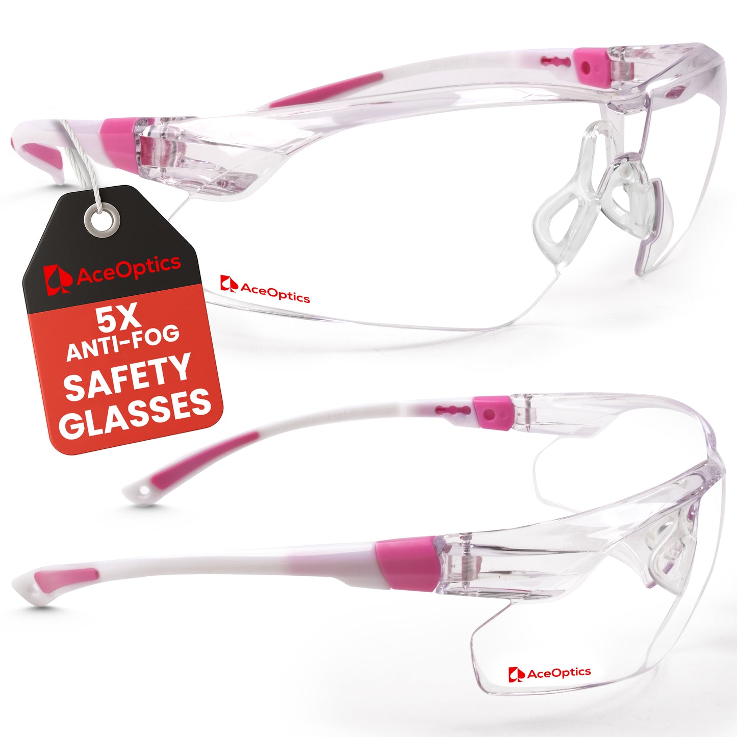 Aceoptics ANSI Z87 Safety Glasses for Women – Pink Clear, Anti Fog, Scratch & Impact Resistant Protective Eyewear for Shooting, Pickleball, Work & Sports – Includes Complete Bundle