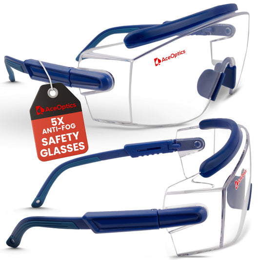 Ace Optics Over-Glasses Blue Safety Glasses Bundle – ClearShield™ Anti-Fog ANSI Z87 Eyewear with Strap, Hard Case, Cloth & Pouch – Fits Over Prescription Glasses