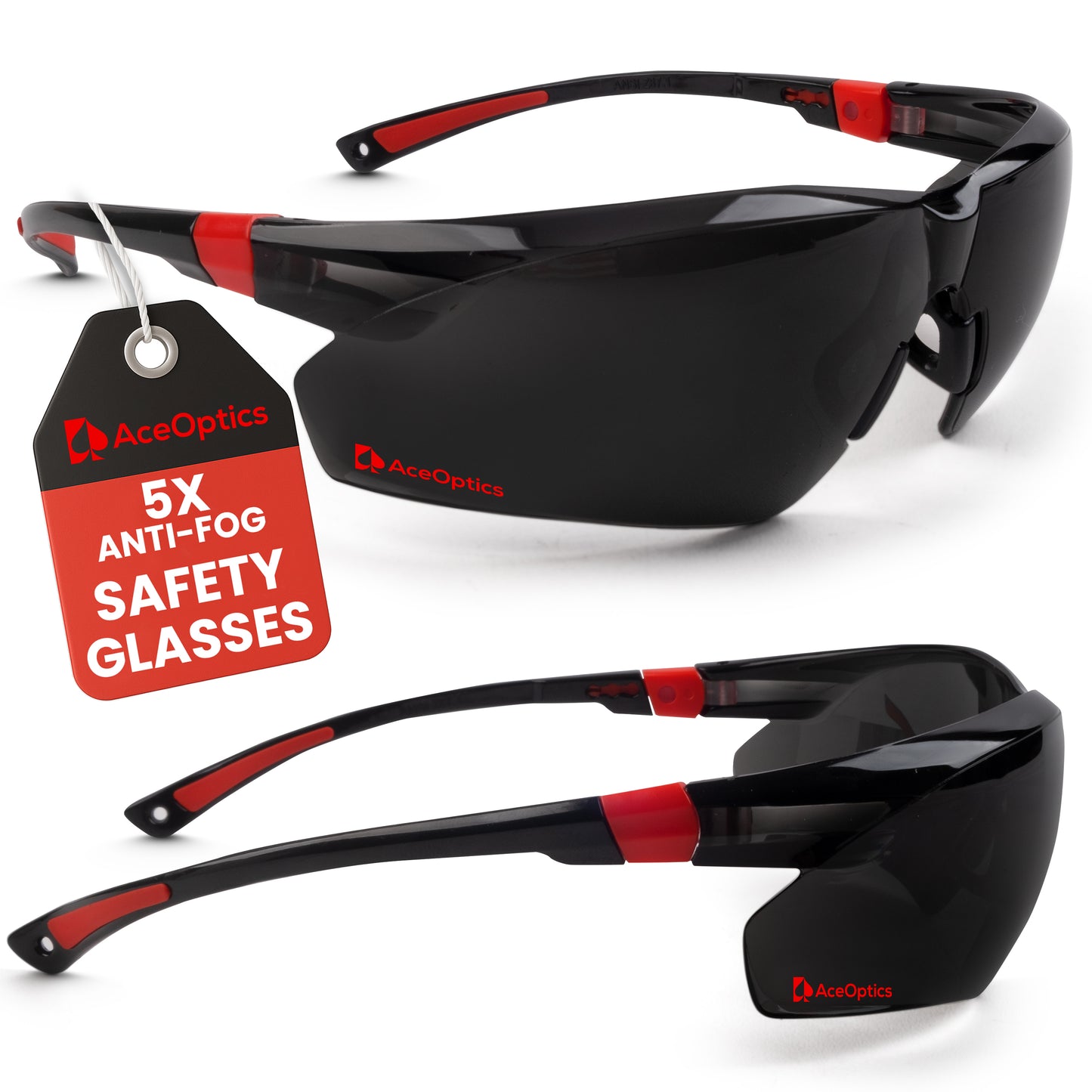 Aceoptics Safety Sunglasses for Men – Black & Red Tinted Shooting Glasses with 5X Anti Fog Scratch Resistant Lenses, Z87.1 Protective Eyewear for Gun Range, Work & Outdoor Sports – Complete Kit