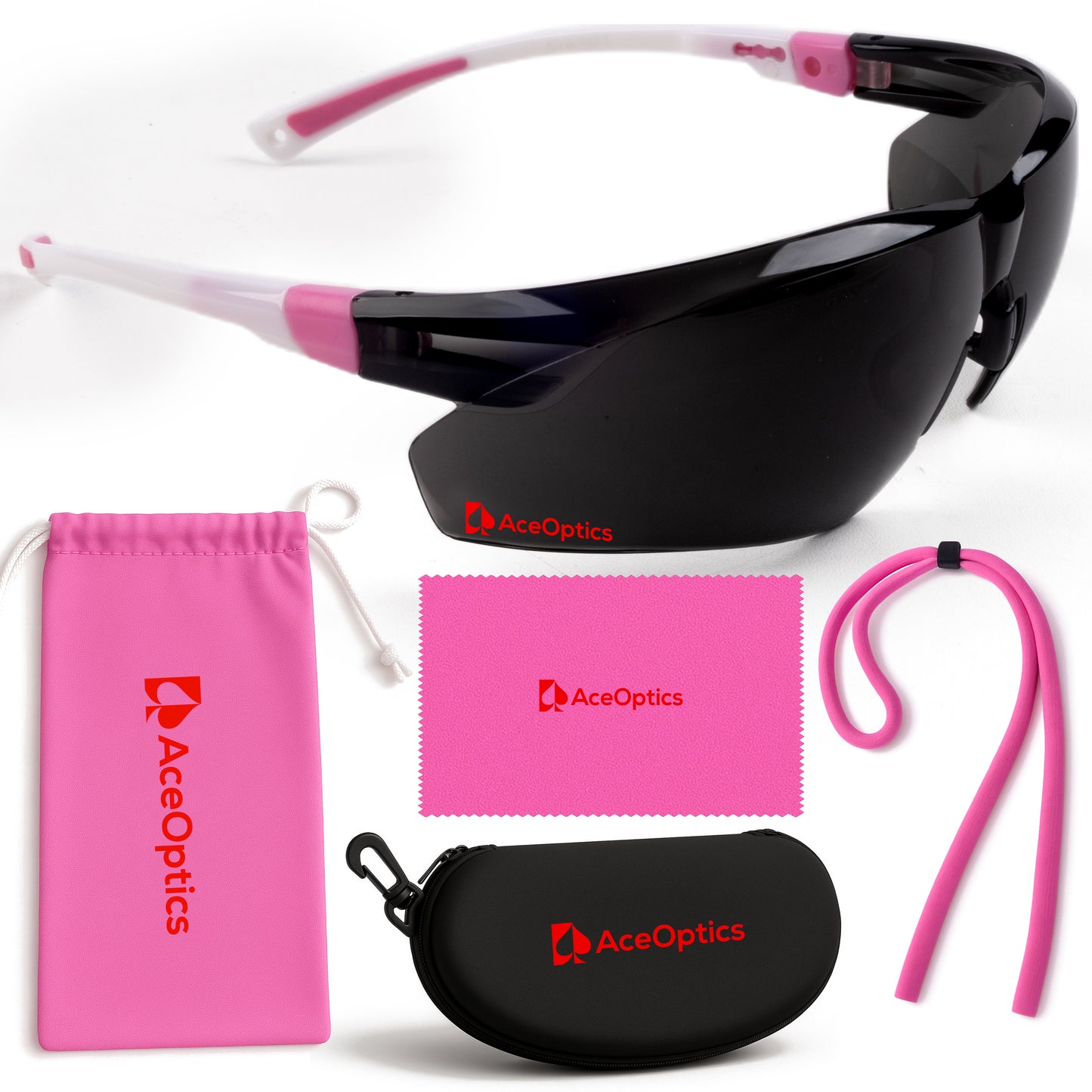 Aceoptics ANSI Z87 Safety Sunglasses for Women – Pink Tinted Wrap Around Shooting Glasses with 5X Anti-Fog Scratch Resistant Lenses – Protective Eyewear for Pickleball, Work, Sports & Gun Range – Kit