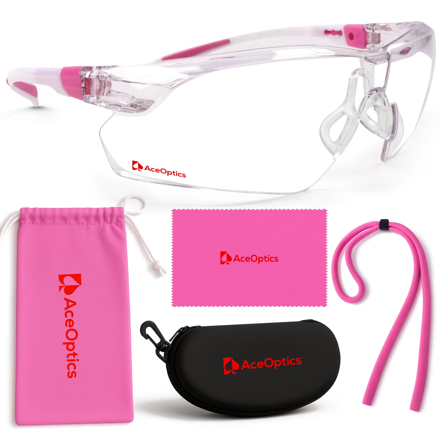 Aceoptics ANSI Z87 Safety Glasses for Women – Pink Clear, Anti Fog, Scratch & Impact Resistant Protective Eyewear for Shooting, Pickleball, Work & Sports – Includes Complete Bundle