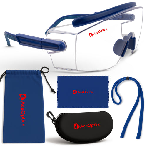 Ace Optics Over-Glasses Blue Safety Glasses Bundle – ClearShield™ Anti-Fog ANSI Z87 Eyewear with Strap, Hard Case, Cloth & Pouch – Fits Over Prescription Glasses