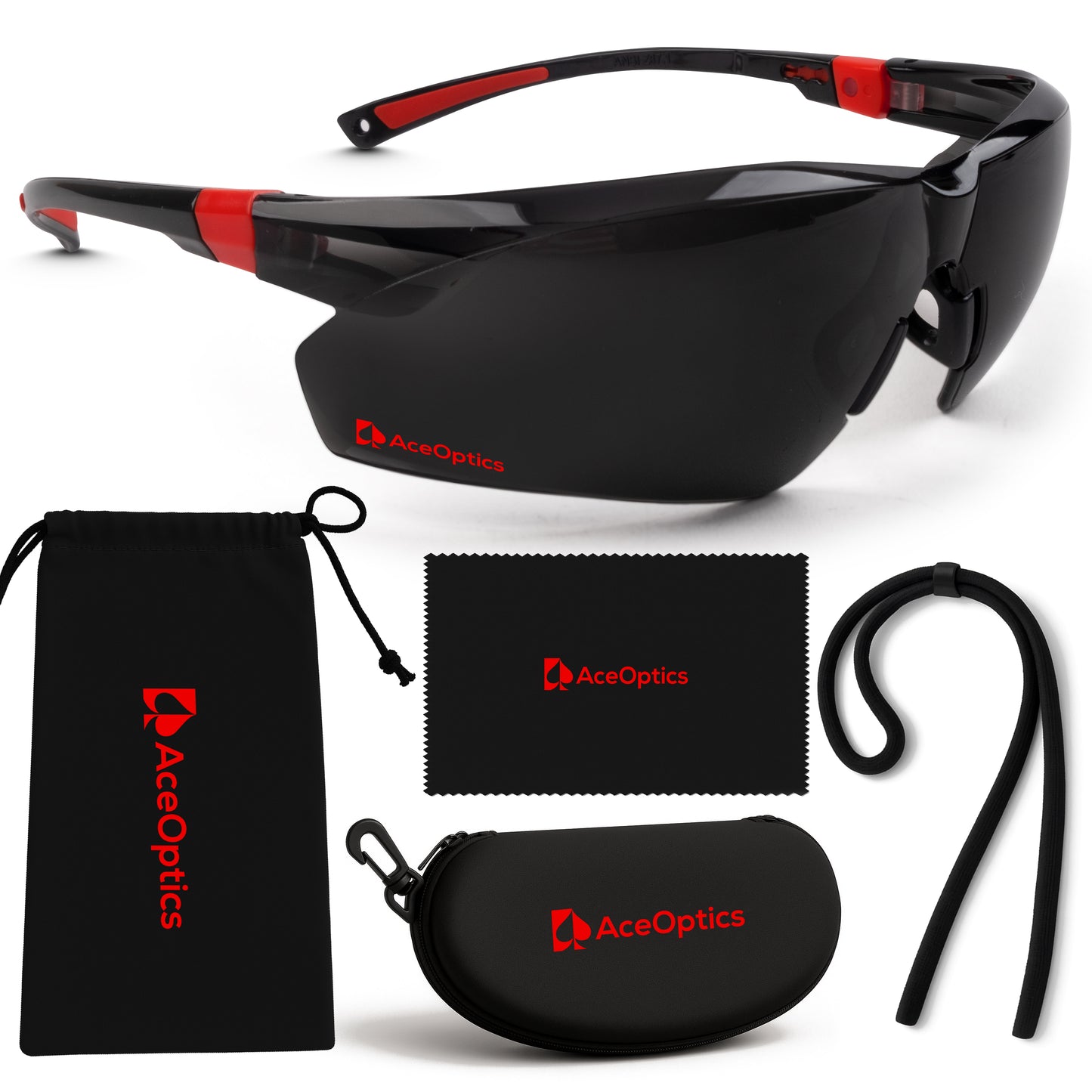 Aceoptics Safety Sunglasses for Men – Black & Red Tinted Shooting Glasses with 5X Anti Fog Scratch Resistant Lenses, Z87.1 Protective Eyewear for Gun Range, Work & Outdoor Sports – Complete Kit