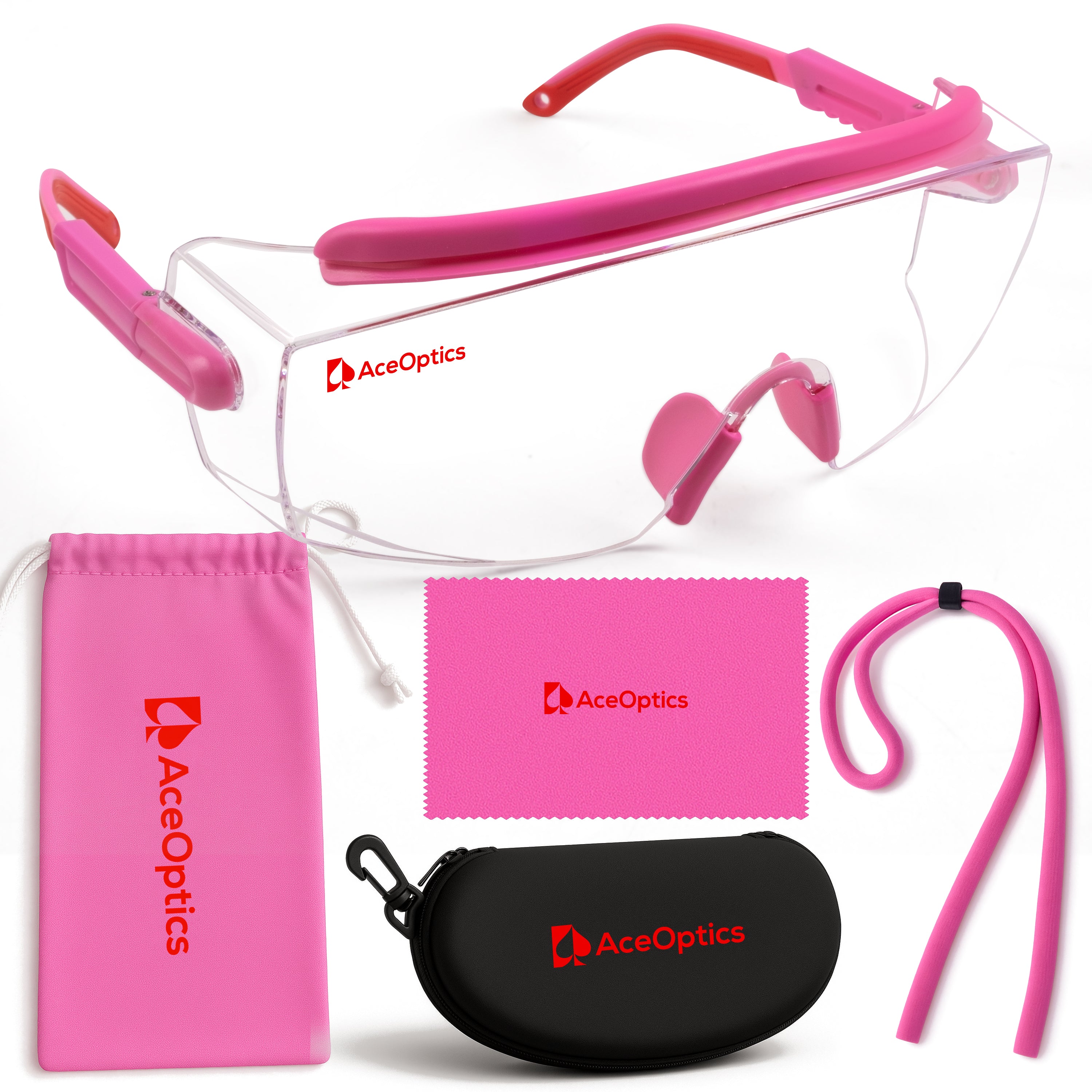 Ace Optics Over-Glasses Pink Safety Glasses Bundle – ClearShield™ Anti-Fog ANSI Z87 Eyewear with Strap, Hard Case, Cloth & Pouch – Fits Over Prescription Glasses