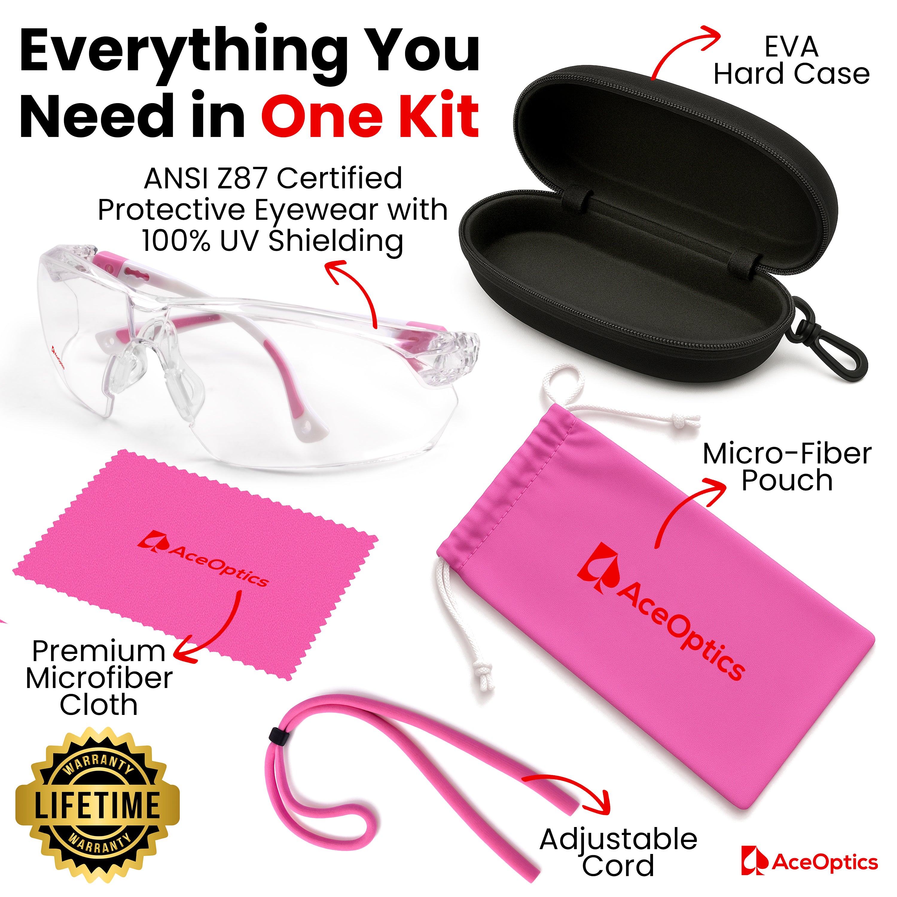 AceOptics Women’s Pink Anti-Fog Safety Glasses – Lightweight, Stylish, ANSI Z87 Certified