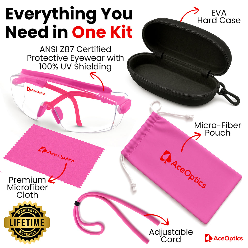 Ace Optics Over-Glasses Pink Safety Glasses Bundle – ClearShield™ Anti-Fog ANSI Z87 Eyewear with Strap, Hard Case, Cloth & Pouch – Fits Over Prescription Glasses