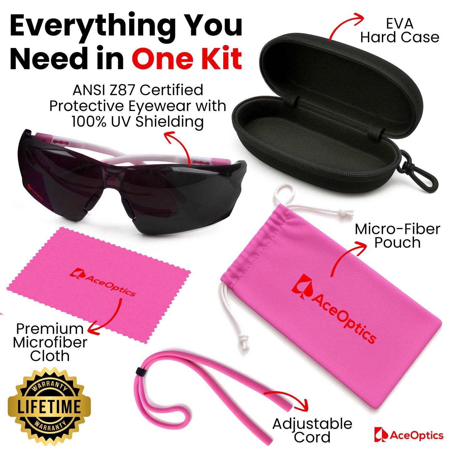 Aceoptics ANSI Z87 Safety Sunglasses for Women – Pink Tinted Wrap Around Shooting Glasses with 5X Anti-Fog Scratch Resistant Lenses – Protective Eyewear for Pickleball, Work, Sports & Gun Range – Kit