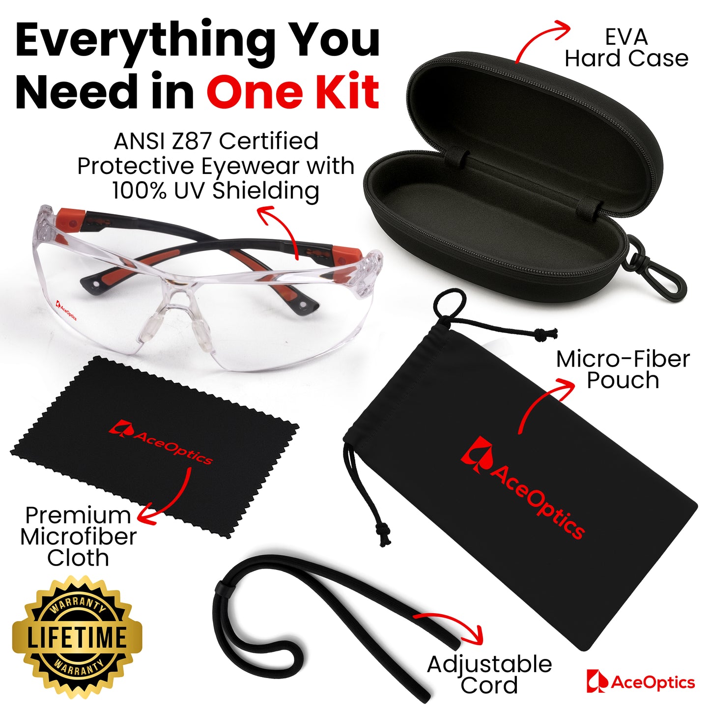 Aceoptics ANSI Z87 Safety Glasses for Men – Black & Red Clear 5X Anti-Fog, Scratch & Impact Resistant Protective Eyewear for Shooting, Gun Range, Work, Pickleball & Sports – Complete Kit