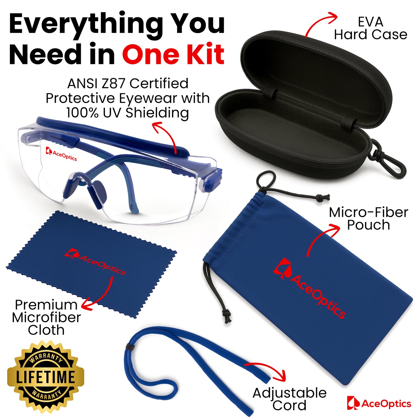 Ace Optics Over-Glasses Blue Safety Glasses Bundle – ClearShield™ Anti-Fog ANSI Z87 Eyewear with Strap, Hard Case, Cloth & Pouch – Fits Over Prescription Glasses