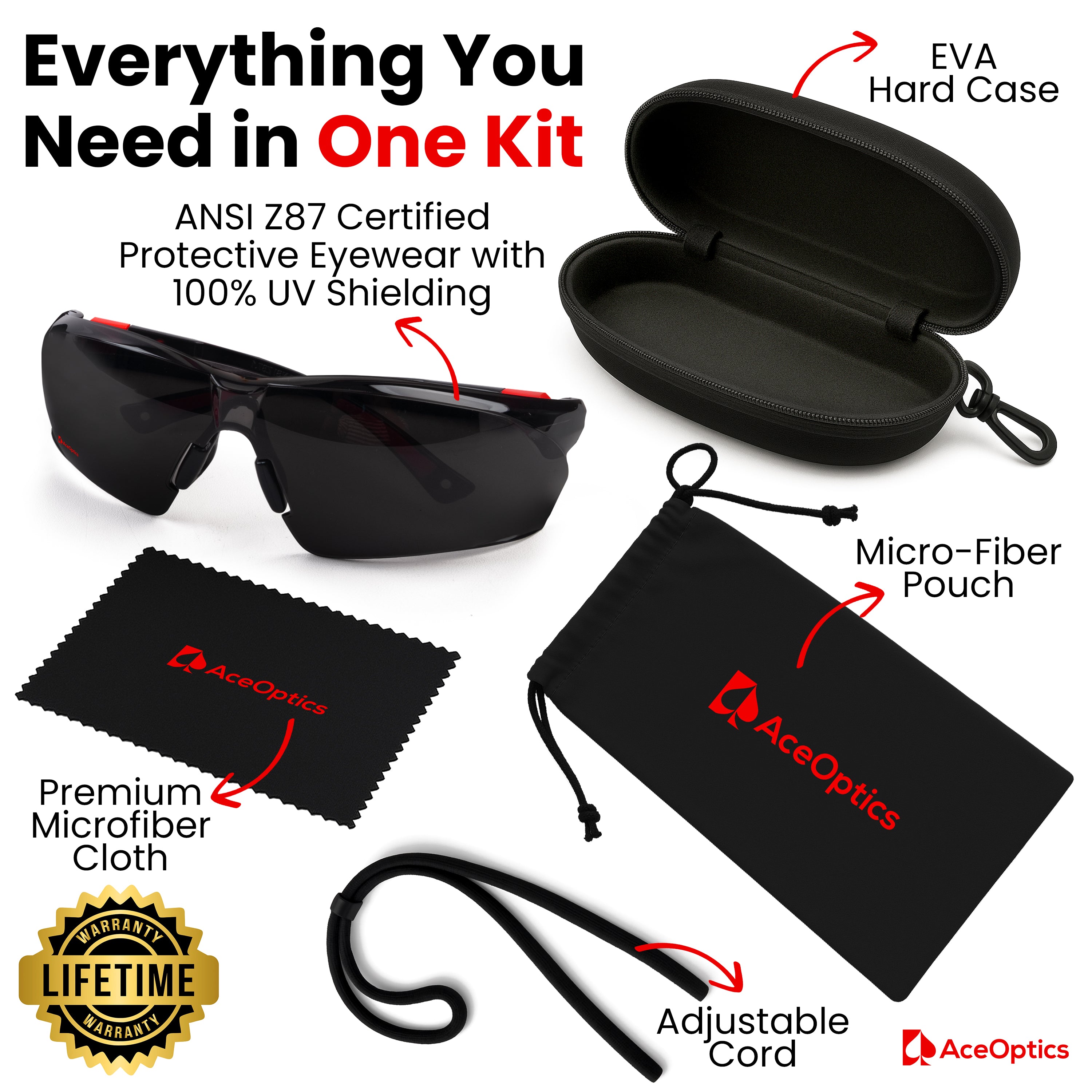 AceOptics Unisex Black Red Anti-Fog Safety Sunglasses – Lightweight, Stylish, ANSI Z87 Certified