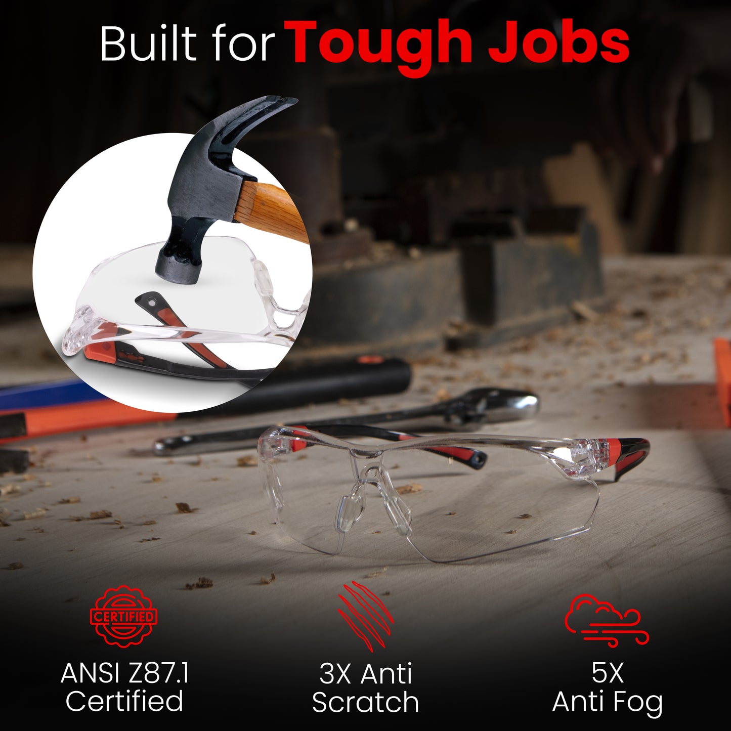 Aceoptics ANSI Z87 Safety Glasses for Men – Black & Red Clear 5X Anti-Fog, Scratch & Impact Resistant Protective Eyewear for Shooting, Gun Range, Work, Pickleball & Sports – Complete Kit