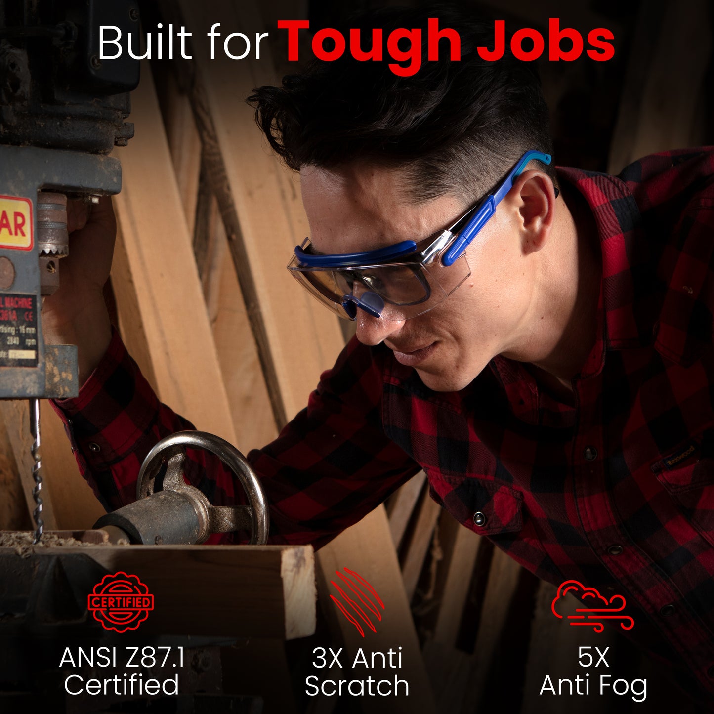 Ace Optics Over-Glasses Blue Safety Glasses Bundle – ClearShield™ Anti-Fog ANSI Z87 Eyewear with Strap, Hard Case, Cloth & Pouch – Fits Over Prescription Glasses