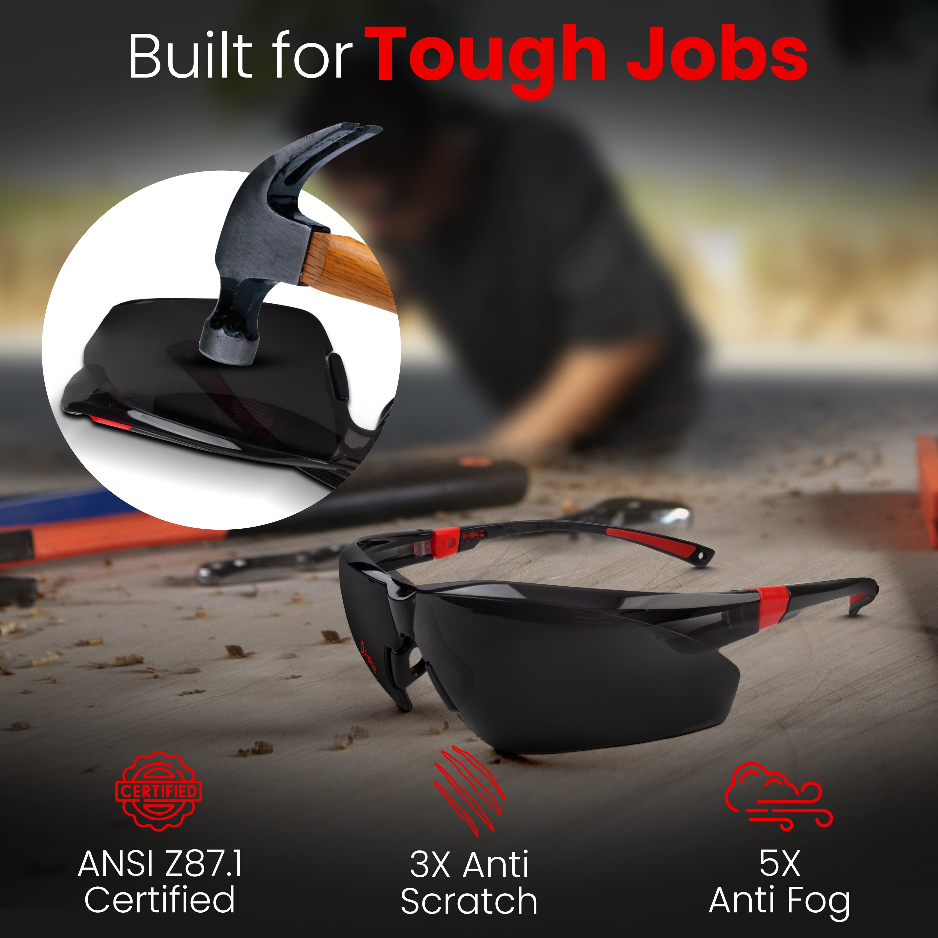 AceOptics Unisex Black Red Anti-Fog Safety Sunglasses – Lightweight, Stylish, ANSI Z87 Certified