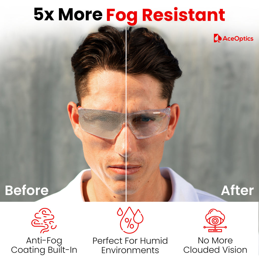 AceOptics Unisex Black Red Anti-Fog Safety Glasses – Lightweight, Stylish, ANSI Z87 Certified