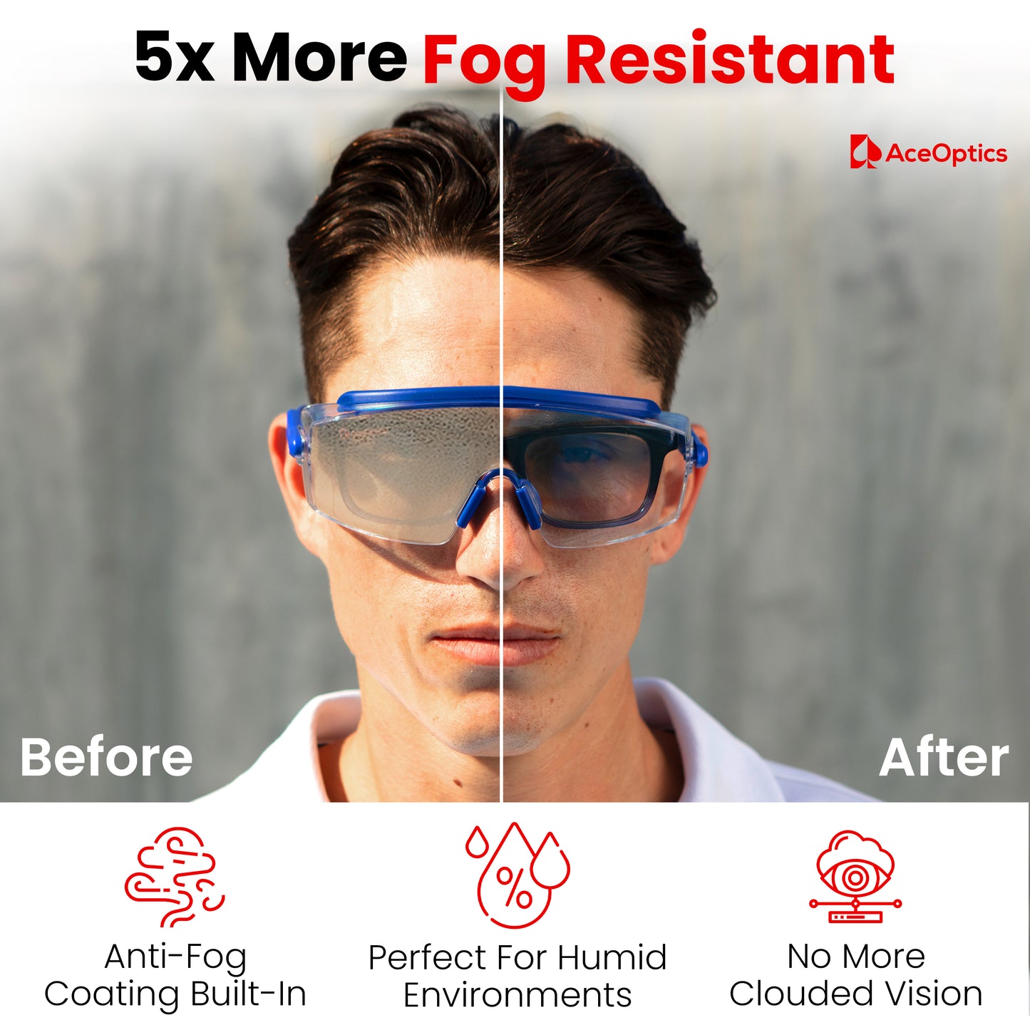 Ace Optics Over-Glasses Blue Safety Glasses Bundle – ClearShield™ Anti-Fog ANSI Z87 Eyewear with Strap, Hard Case, Cloth & Pouch – Fits Over Prescription Glasses