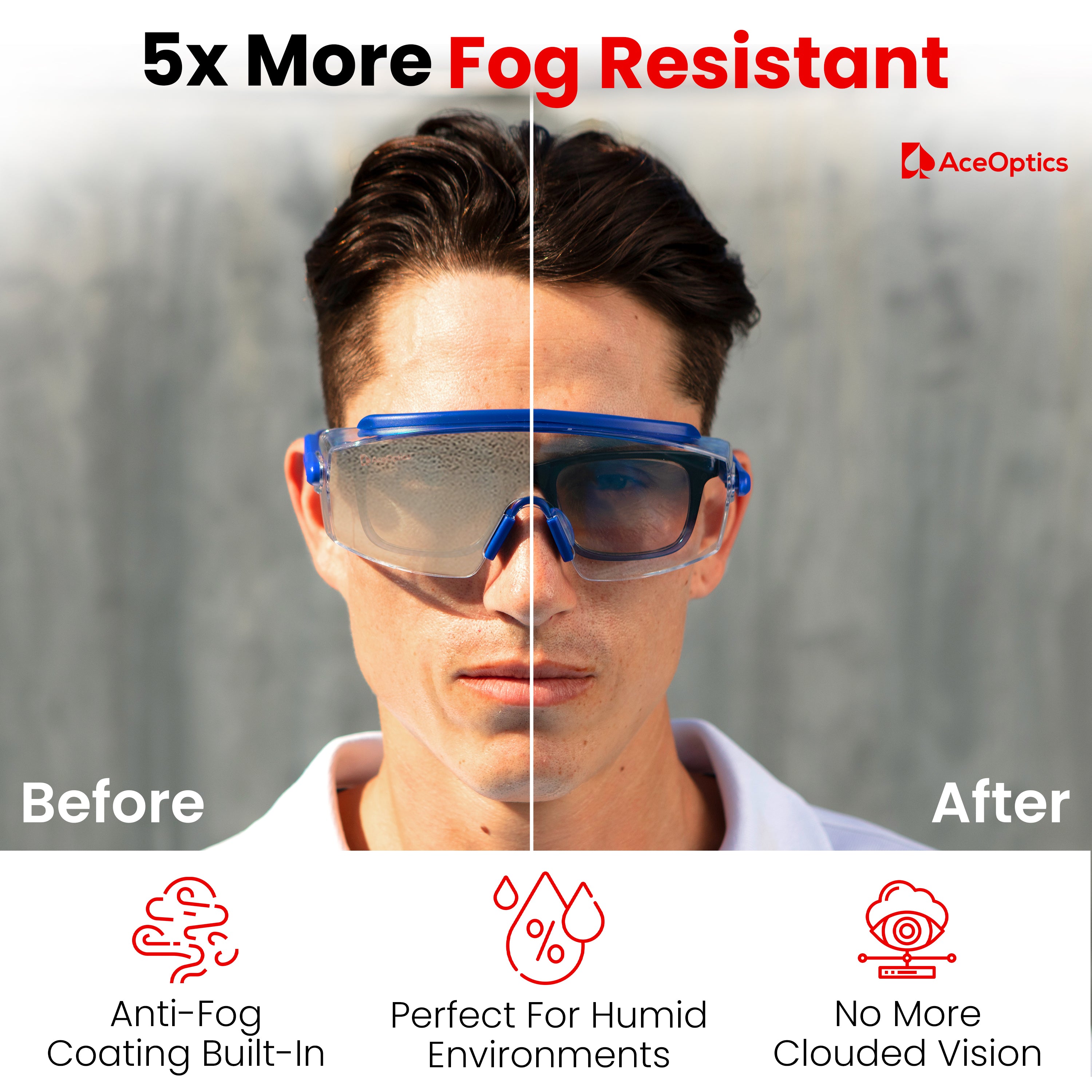 Ace Optics Over-Glasses Blue Safety Glasses Bundle – ClearShield™ Anti-Fog ANSI Z87 Eyewear with Strap, Hard Case, Cloth & Pouch – Fits Over Prescription Glasses