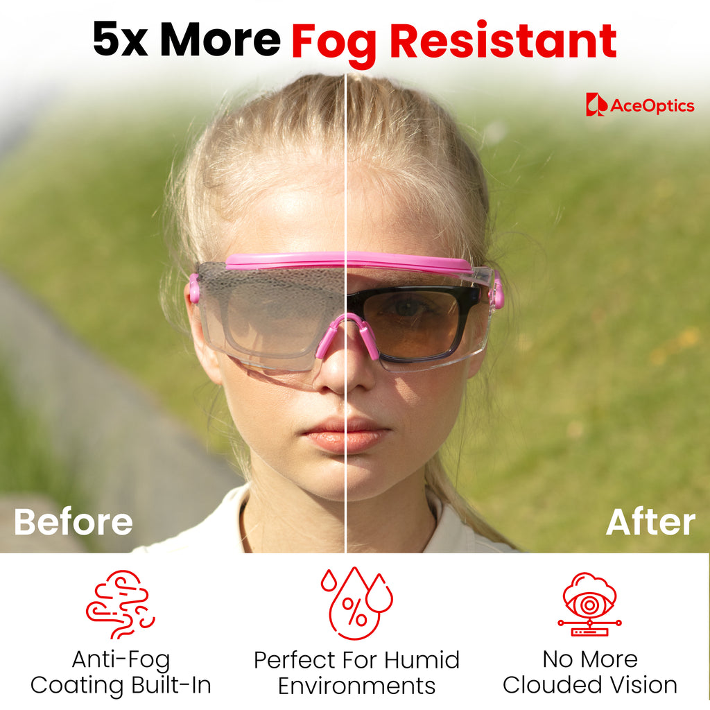 Ace Optics Over-Glasses Pink Safety Glasses Bundle – ClearShield™ Anti-Fog ANSI Z87 Eyewear with Strap, Hard Case, Cloth & Pouch – Fits Over Prescription Glasses