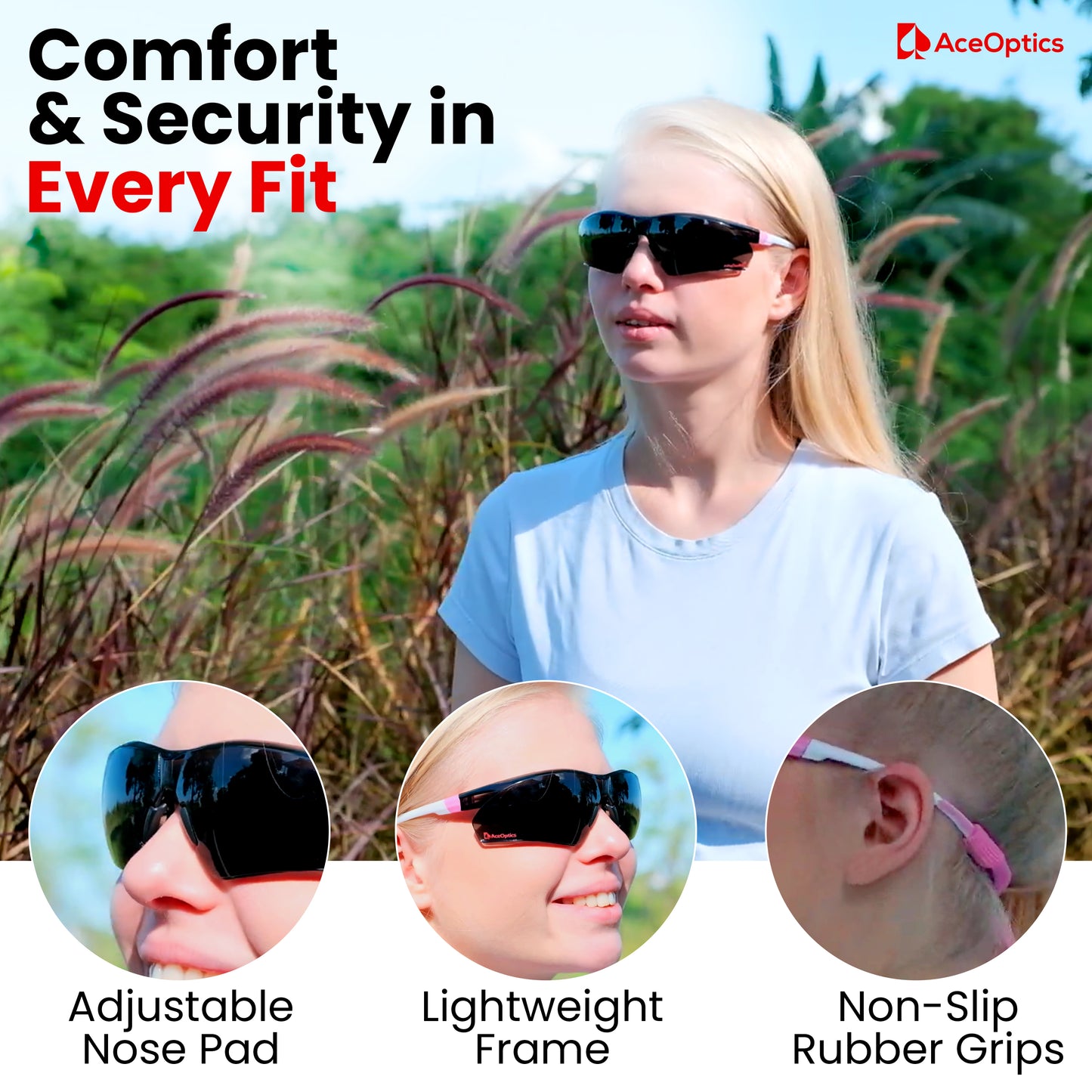 Aceoptics ANSI Z87 Safety Sunglasses for Women – Pink Tinted Wrap Around Shooting Glasses with 5X Anti-Fog Scratch Resistant Lenses – Protective Eyewear for Pickleball, Work, Sports & Gun Range – Kit