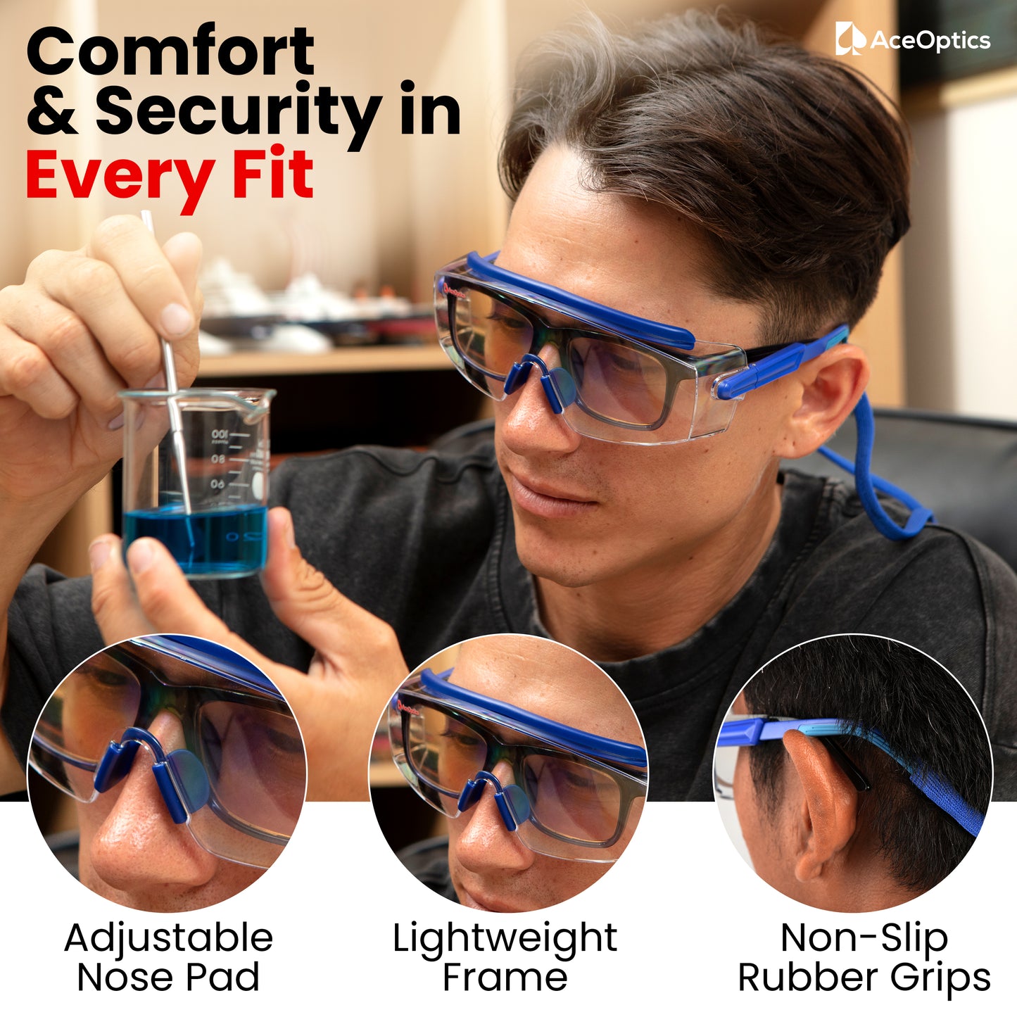 Ace Optics Over-Glasses Blue Safety Glasses Bundle – ClearShield™ Anti-Fog ANSI Z87 Eyewear with Strap, Hard Case, Cloth & Pouch – Fits Over Prescription Glasses