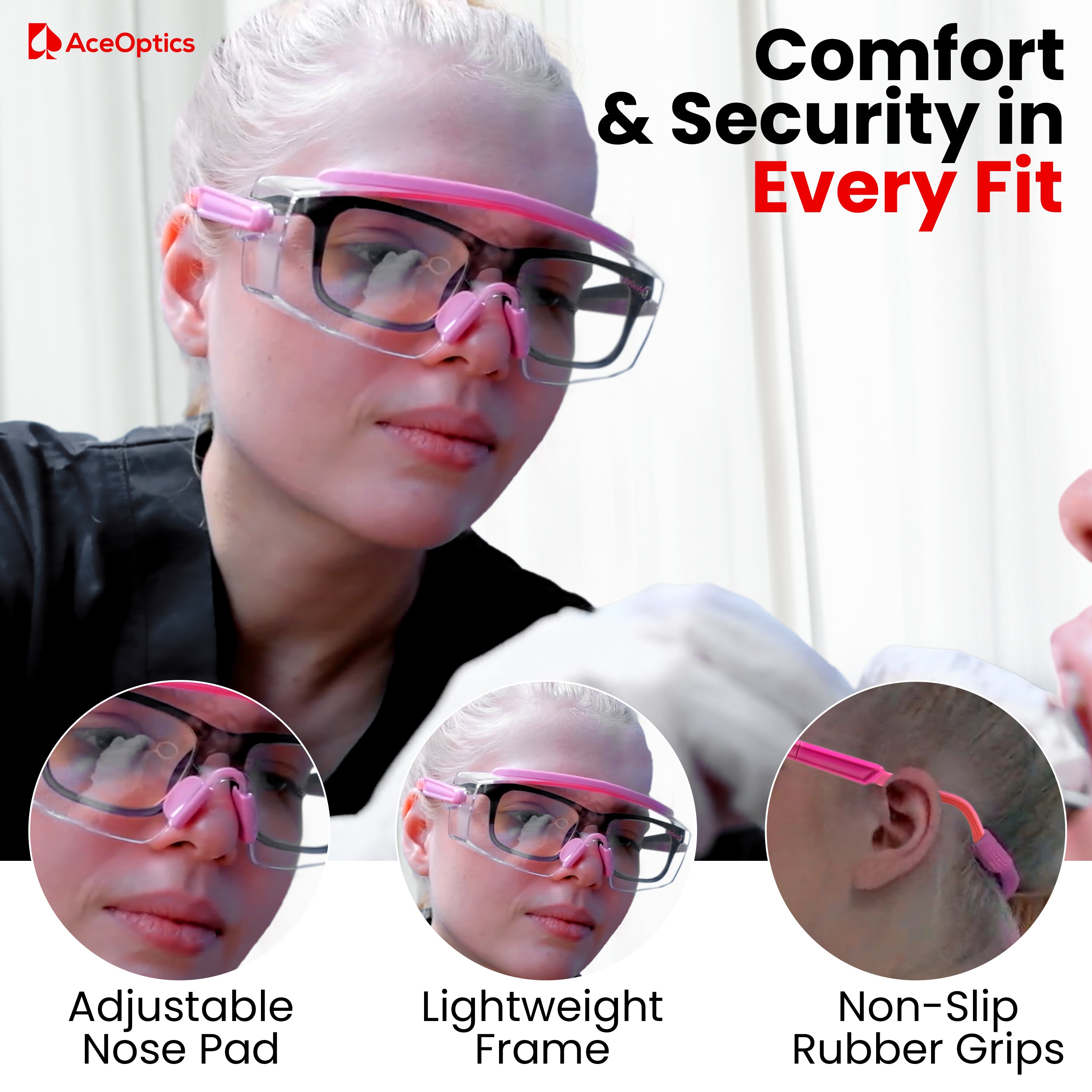 Ace Optics Over-Glasses Pink Safety Glasses Bundle – ClearShield™ Anti-Fog ANSI Z87 Eyewear with Strap, Hard Case, Cloth & Pouch – Fits Over Prescription Glasses