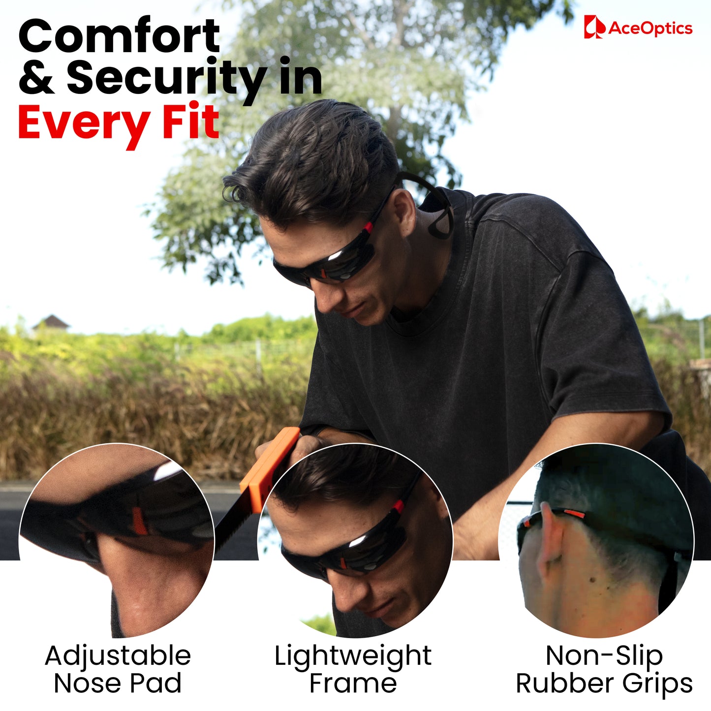 Aceoptics Safety Sunglasses for Men – Black & Red Tinted Shooting Glasses with 5X Anti Fog Scratch Resistant Lenses, Z87.1 Protective Eyewear for Gun Range, Work & Outdoor Sports – Complete Kit