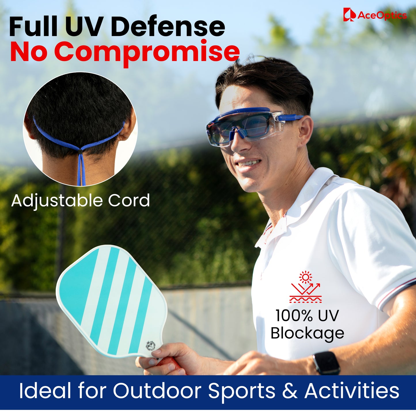 Ace Optics Over-Glasses Blue Safety Glasses Bundle – ClearShield™ Anti-Fog ANSI Z87 Eyewear with Strap, Hard Case, Cloth & Pouch – Fits Over Prescription Glasses